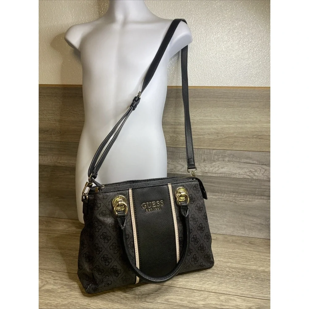 Guess EST 1981 Cathleen Charcoal Black Satchel 3 Compartment Handbag‎